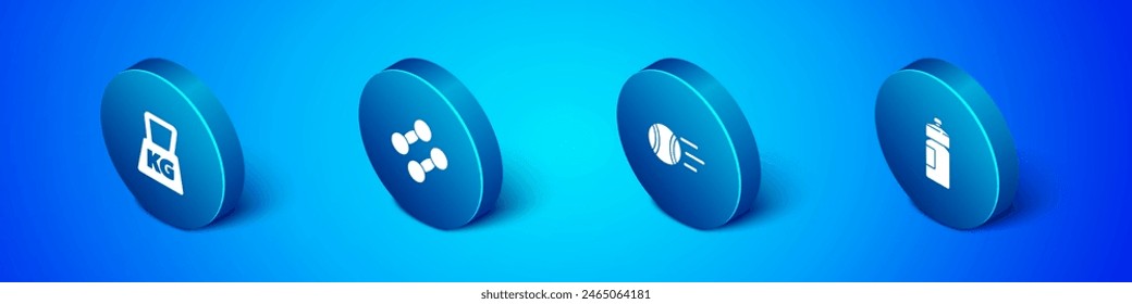 Set Isometric Weight, Tennis ball, Fitness shaker and Dumbbell icon. Vector