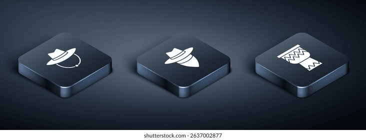 Set Isometric Western cowboy hat, Drum and Cowboy icon. Vector