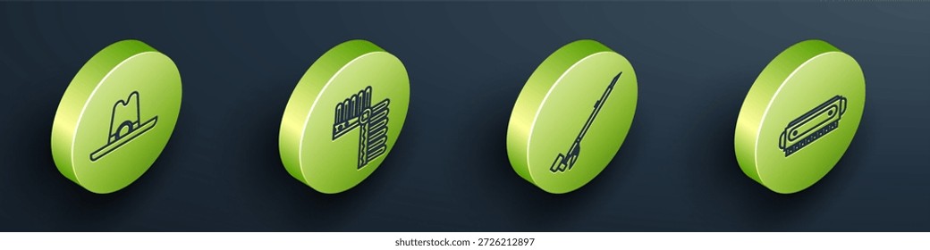 Definir chapéu de cowboy Isometric ocidental, cocar de cabeça indiana com penas, cachimbo de fumo indiano ameríndio e ícone Harmonica. Vetor