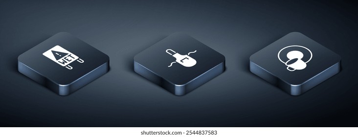 Set Isometric Wet floor, Washing dishes and Kitchen apron icon. Vector