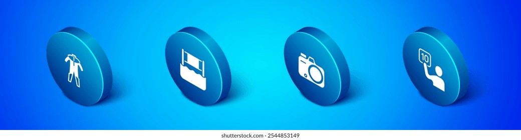 Conjunto neopreno isométrico para buceo, cámara fotográfica, evaluación de jueces e icono de red de voleibol acuático. Vector