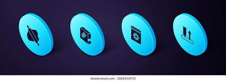 Set Isometric Wheat, Pack full of seeds of plant, Flour pack and Rolling pin on dough icon. Vector