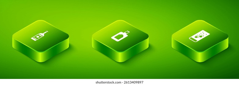 Set Isometric Whiskey bottle, Effervescent tablets in water and Glass of vodka icon. Vector