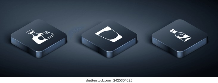 Set Isometric Whiskey bottle and glass, Beer and Shot icon. Vector