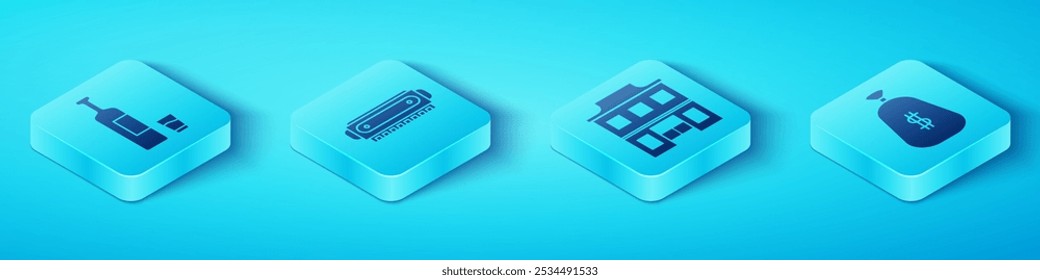 Set Isometric Whiskey bottle and glass, Harmonica, Money bag and Wild west saloon icon. Vector