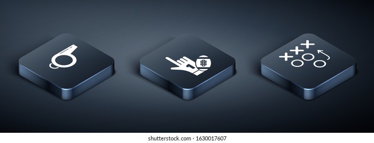 Set Isometric Whistle, Planning strategy concept and Number 1 one fan hand glove with finger raised and american football ball icon. Vector