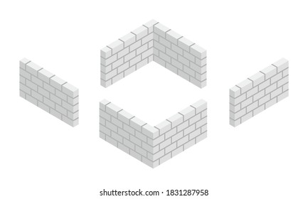 Set Of Isometric White Brick Wall Corners With Cement Mortar Isolated On White Background. New Grey Brick Wall Vector Icon. Autoclaved Aerated Concrete Block Fence. 3D Vector Cartoon Flat Illustration