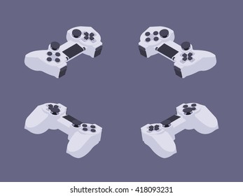 Set of the isometric white gamepads. The objects are isolated against the dark-violet background and shown from different sides