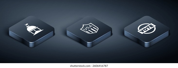 Set Isometric White House, Vote and Shield with stars icon. Vector