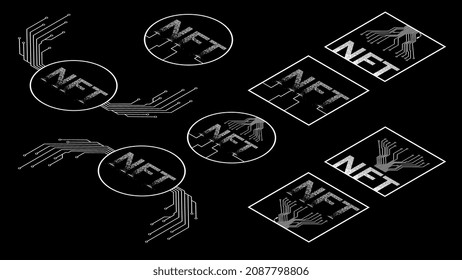 Set of Isometric white icons NFT non fungible token isolated on black background. Website design element.