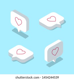 Set of isometric white Like icons. Notification cloud with heart. Web icons collection for isometric illustration. - Vector