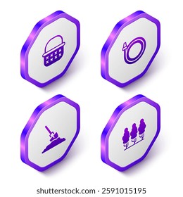 Set Isometric Wicker basket, Garden hose, Shovel in the ground and Fruit trees icon. Purple hexagon button. Vector