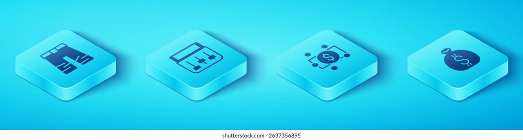 Set Isometric Wide pants, Drum machine music, Money bag and Stacks paper money cash icon. Vector