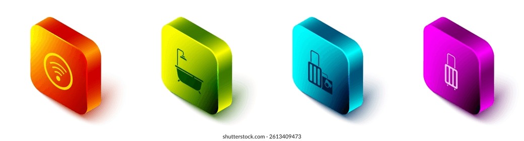 Set Isometric Wi-Fi wireless, Bathtub with shower, Suitcase and  icon. Vector