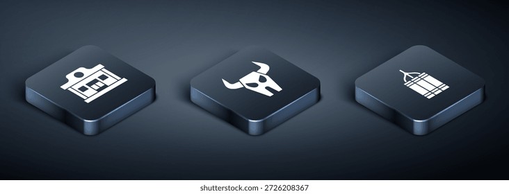 Set Isometric Wild west saloon, Dynamite bomb and Buffalo skull icon. Vector