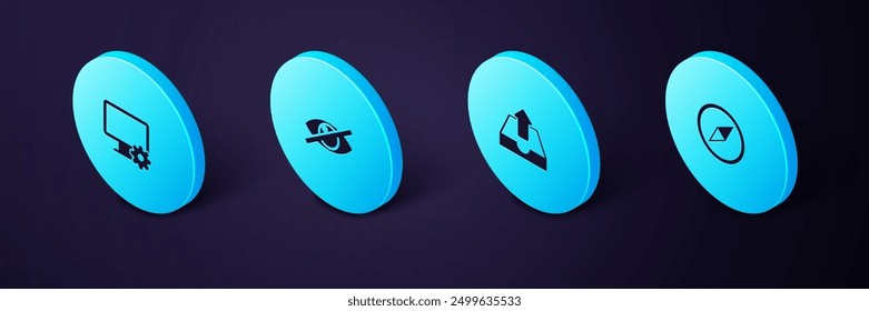 Set Isometric Wind rose, Upload inbox, Invisible or hide and Computer monitor and gear icon. Vector