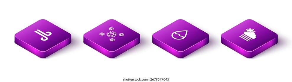 Set Isometric Wind, Snow, Water drop and Fog and cloud with sun icon. Vector