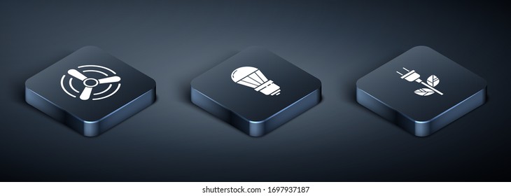 Set Isometric Wind turbine, Electric saving plug in leaf and LED light bulb icon. Vector