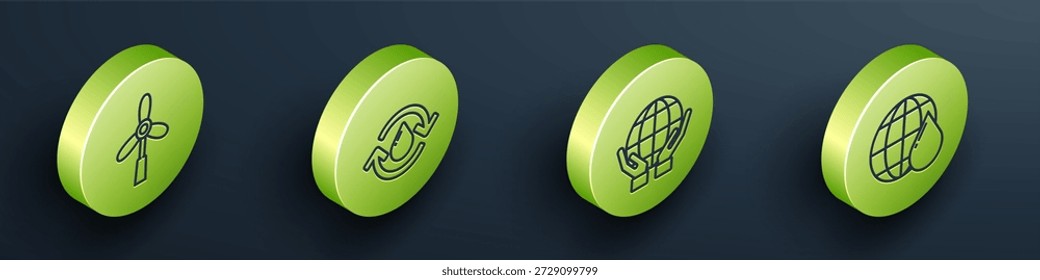 Conjunto de turbina de viento isométrica, reciclar agua limpia, manos que sostienen el globo terráqueo y el planeta Tierra en el icono de gota de agua. Vector