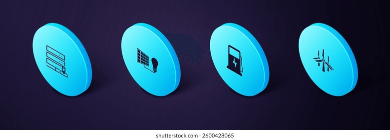 Set Isometric Wind turbines, Electric car charging station, Solar energy panel and light bulb and Customer care server icon. Vector