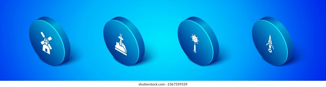 Set Isometric Windmill, Medieval chained mace ball, Dagger and Sword the stone icon. Vector