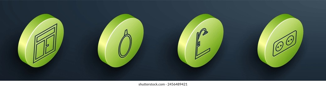 Set Isometric Window in the room, Mirror, Shower and Electrical outlet icon. Vector