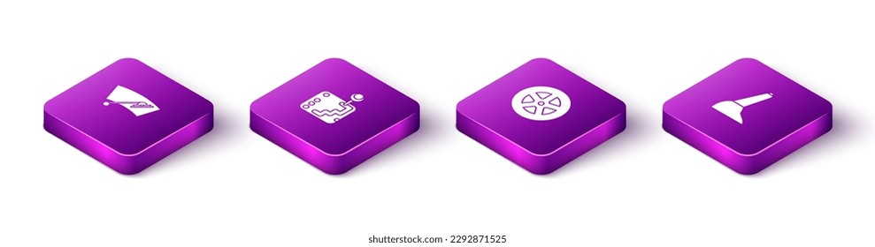 Set Isometric Windscreen wiper, Gear shifter, Car wheel and handbrake icon. Vector