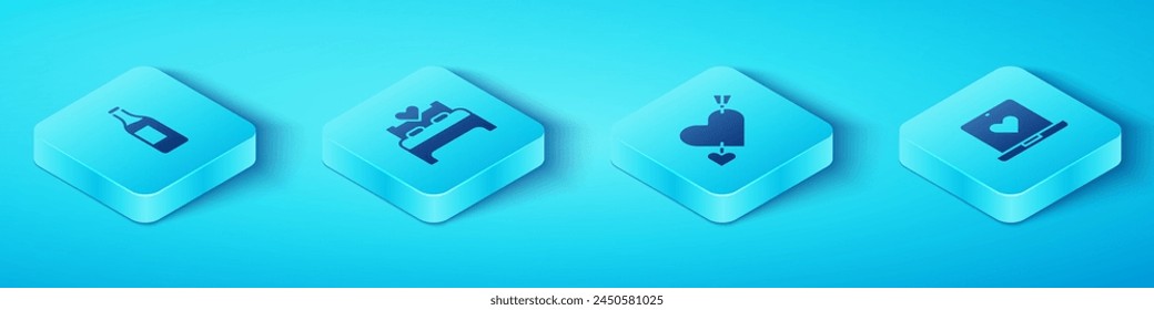 Set Isometric Wine bottle, Bedroom, Dating app online and Amour with heart and arrow icon. Vector
