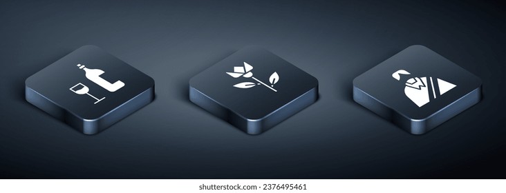 Coloque una botella de vino isométrico con vidrio, un icono de tulipán de Jesucristo y flor. Vector