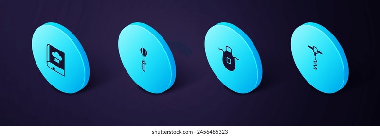 Set Isometric Wine corkscrew, Kitchen apron, whisk and Cookbook icon. Vector