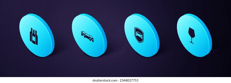 Set Isometric Wine glass, Car protection or insurance, Cars and Bottles of wine icon. Vector