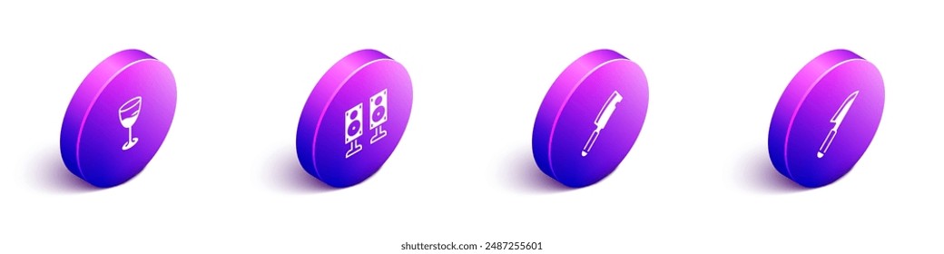 Set Isometric Wine glass, Stereo speaker, Meat chopper and Knife icon. Vector