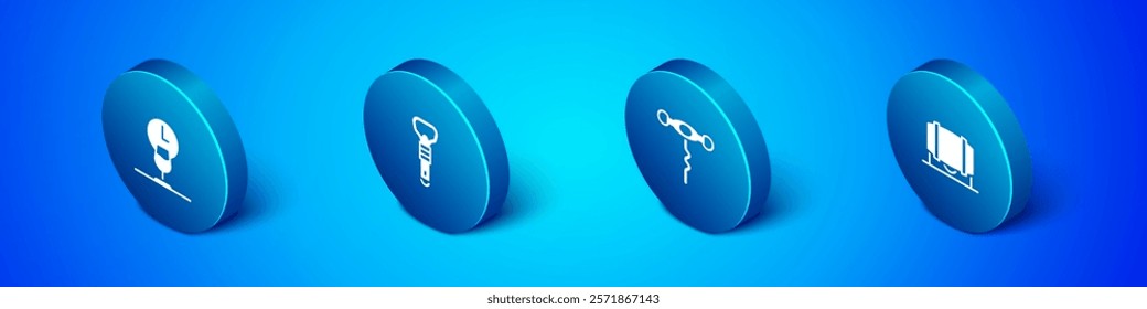 Set Isometric Wine time, corkscrew, Wooden barrel for wine and Bottle opener icon. Vector