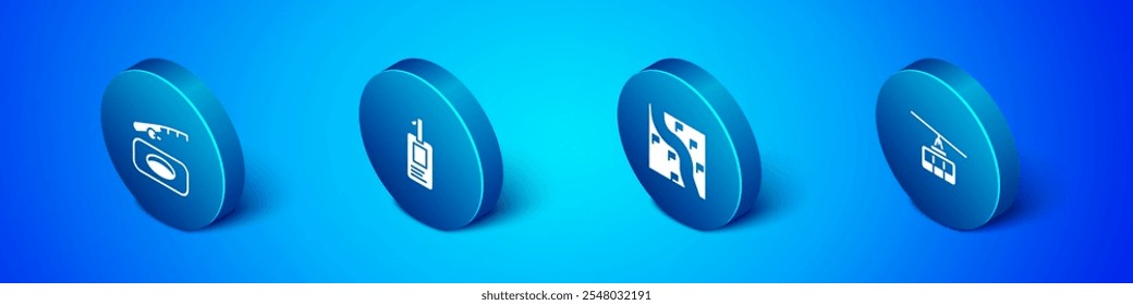 Set Isometric Winter fishing, Route location, Cable car and Identification badge icon. Vector