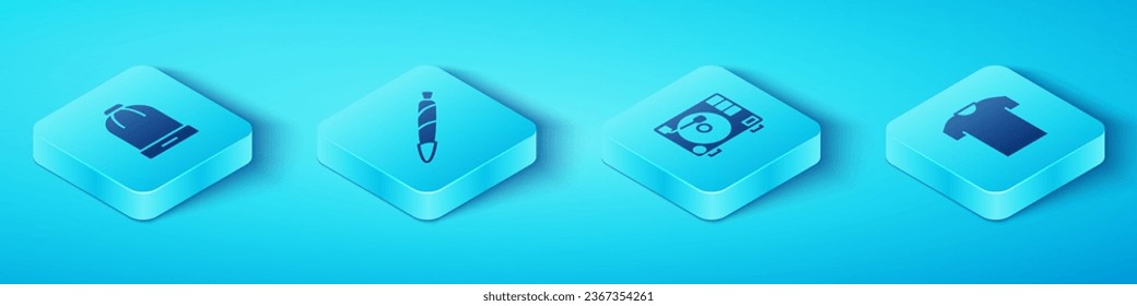 Set Isometric Winter hat, Marijuana joint, spliff, T-shirt and Vinyl player with vinyl disk icon. Vector