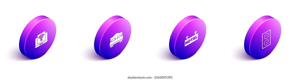Set Isometric Wireless laptop, Hotel room bed, Signboard with text and Lift icon. Vector