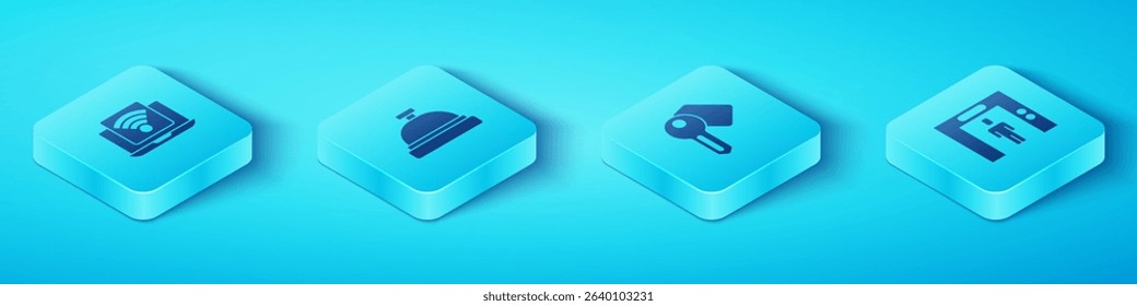 Set Isometric Wireless laptop, Hotel service bell, Lift and door lock key icon. Vector