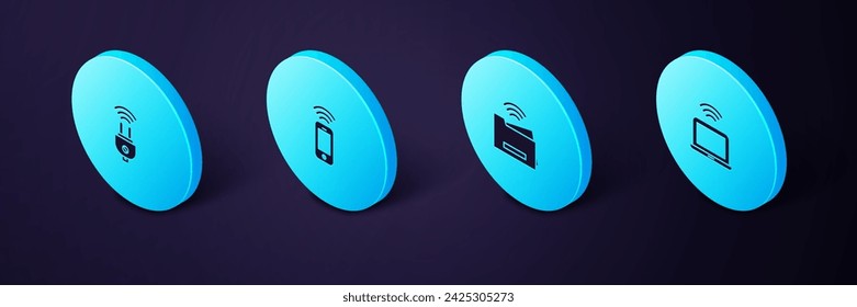 Set Isometric Wireless laptop, Smart printer, smartphone and electric plug icon. Vector