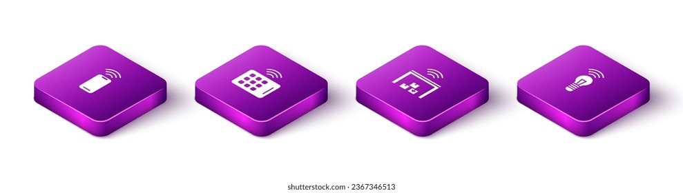 Set Isometric Wireless smartphone, tablet, Smart warehouse and light bulb icon. Vector