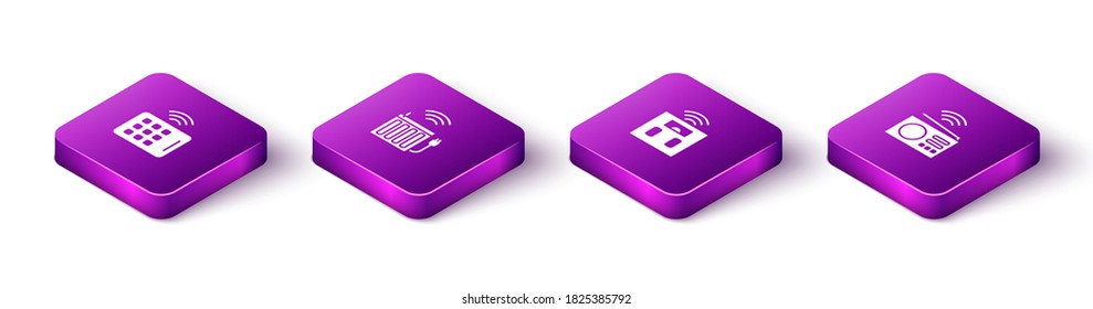 Set Isometric Wireless tablet, Smart heating radiator, bathroom scales and radio icon. Vector.