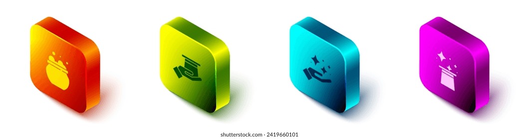 Set Isometric Witch cauldron, Magician hat in hand, Sparkle stars with magic trick and  icon. Vector