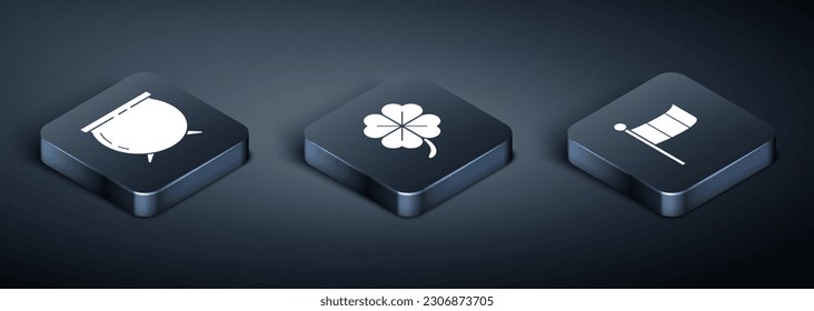 Set Isometric Witch cauldron, National Ireland flag and Four leaf clover icon. Vector