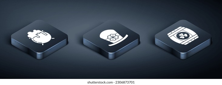 Set Isometric Witch cauldron, Wooden barrel with four leaf clover and Leprechaun hat and four leaf clover icon. Vector