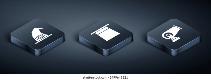 Set Isometrische Hexe Hut, Kanone und Magier Hut Symbol. Vektorgrafik