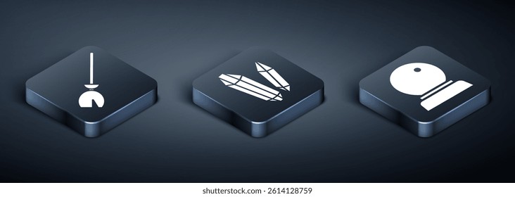 Set Isometric Witches broom, Magic ball and Magic stone icon. Vector