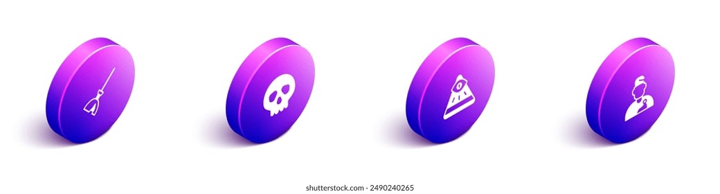 Set Isometric Witches broom, Skull, Masons and Wizard warlock icon. Vector