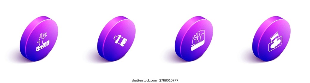 Set Isometric Withered tree, Bottle of water, Glacier melting and Barrel oil leak icon. Vector