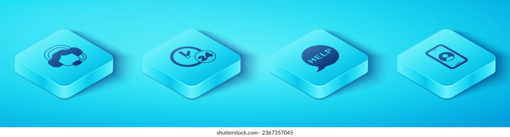 Establecer mujer isométrica con auriculares, Reloj 24 horas, Soporte telefónico e icono de ayuda de texto de burbuja de voz. Vector
