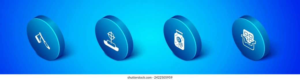 Set Isometric Wooden axe, Eye in jar, Chocolate bar and Tombstone with cross icon. Vector