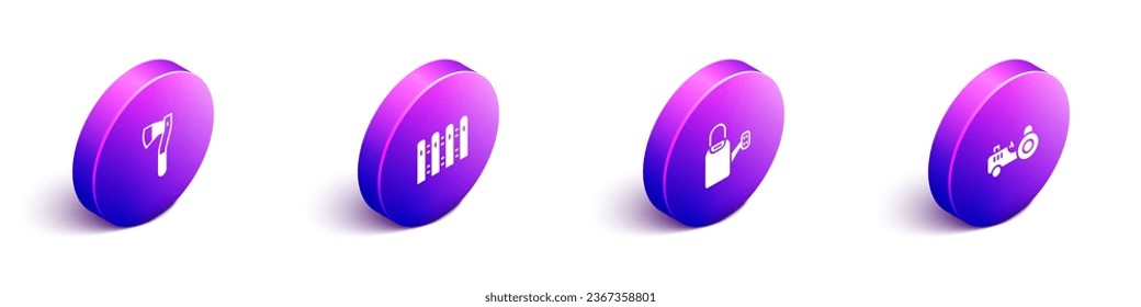 Set Isometric Wooden axe, Garden fence wooden, Watering can and Tractor icon. Vector
